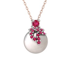 Rodolit garnet ve inci 925 ayar gümüş kolye (40 cm rose altın rolo zincir)