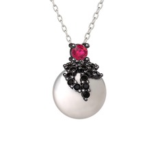 Rodolit garnet, siyah zirkon ve inci 925 ayar siyah rodyum kaplama gümüş kolye (40 cm beyaz altın rolo zincir)