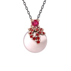 Afra İnci Kolye - Rodolit garnet, garnet ve pembe inci 18 ayar rose altın kolye (40 cm gümüş rolo zincir) #8otcbp