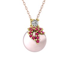 Beyaz zirkon, rodolit garnet ve pembe inci 925 ayar altın kaplama gümüş kolye (40 cm rose altın rolo zincir)
