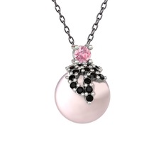 Afra İnci Kolye - Pembe kuvars, siyah zirkon ve pembe inci 14 ayar beyaz altın kolye (40 cm gümüş rolo zincir) #8uuwmr