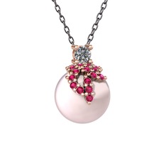 Afra İnci Kolye - Pırlanta, rodolit garnet ve pembe inci 18 ayar rose altın kolye (0.11 karat, 40 cm gümüş rolo zincir) #9mdkp8
