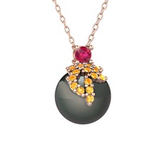 Rodolit garnet, sitrin ve siyah inci 8 ayar rose altın kolye (40 cm rose altın rolo zincir)