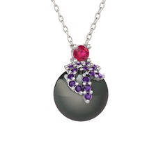 Afra İnci Kolye - Rodolit garnet, ametist ve siyah inci 14 ayar beyaz altın kolye (40 cm beyaz altın rolo zincir) #9qghfq