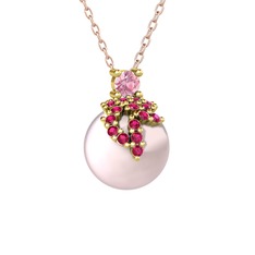 Pembe kuvars, rodolit garnet ve pembe inci 18 ayar altın kolye (40 cm rose altın rolo zincir)