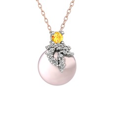Afra İnci Kolye - Sitrin, beyaz zirkon ve pembe inci 8 ayar beyaz altın kolye (40 cm rose altın rolo zincir) #9z0k94