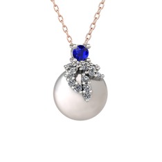 Lab safir, pırlanta ve inci 925 ayar gümüş kolye (0.176 karat, 40 cm rose altın rolo zincir)