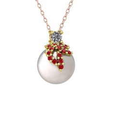 Pırlanta, garnet ve inci 8 ayar altın kolye (0.11 karat, 40 cm rose altın rolo zincir)