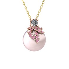 Pırlanta, pembe kuvars ve pembe inci 14 ayar rose altın kolye (0.11 karat, 40 cm altın rolo zincir)