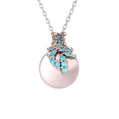 Pırlanta, akuamarin ve pembe inci 8 ayar rose altın kolye (0.11 karat, 40 cm beyaz altın rolo zincir)