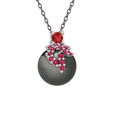 Garnet, rodolit garnet ve siyah inci 18 ayar beyaz altın kolye (40 cm gümüş rolo zincir)