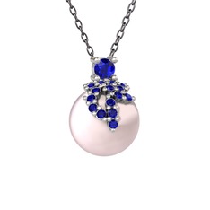 Lab safir ve pembe inci 925 ayar gümüş kolye (40 cm gümüş rolo zincir)
