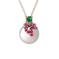 Afra İnci Kolye - Yeşil kuvars, rodolit garnet ve inci 14 ayar rose altın kolye (40 cm rose altın rolo zincir) #c8qcwa