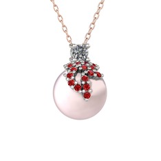 Afra İnci Kolye - Pırlanta, garnet ve pembe inci 8 ayar beyaz altın kolye (0.11 karat, 40 cm rose altın rolo zincir) #cmn1ct