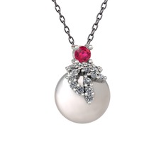 Afra İnci Kolye - Rodolit garnet, pırlanta ve inci 18 ayar beyaz altın kolye (0.176 karat, 40 cm gümüş rolo zincir) #d9ofi