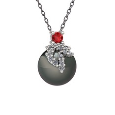 Afra İnci Kolye - Garnet, pırlanta ve siyah inci 925 ayar gümüş kolye (0.176 karat, 40 cm gümüş rolo zincir) #dmqp1t