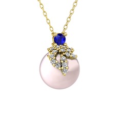 Lab safir, beyaz zirkon ve pembe inci 14 ayar altın kolye (40 cm gümüş rolo zincir)