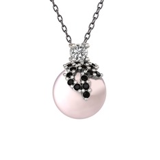 Afra İnci Kolye - Beyaz zirkon, siyah zirkon ve pembe inci 18 ayar beyaz altın kolye (40 cm gümüş rolo zincir) #dsebk3