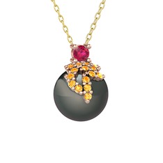 Afra İnci Kolye - Rodolit garnet, sitrin ve siyah inci 18 ayar rose altın kolye (40 cm altın rolo zincir) #e612o7