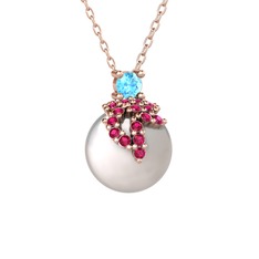 Afra İnci Kolye - Akuamarin, rodolit garnet ve inci 18 ayar rose altın kolye (40 cm rose altın rolo zincir) #edmq2c