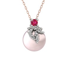 Afra İnci Kolye - Rodolit garnet, beyaz zirkon ve pembe inci 18 ayar beyaz altın kolye (40 cm rose altın rolo zincir) #f5x8d2