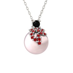 Afra İnci Kolye - Siyah zirkon, garnet ve pembe inci 8 ayar beyaz altın kolye (40 cm beyaz altın rolo zincir) #fflidm
