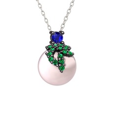 Lab safir, yeşil kuvars ve pembe inci 925 ayar siyah rodyum kaplama gümüş kolye (40 cm beyaz altın rolo zincir)