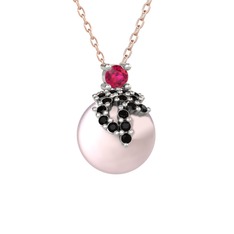 Rodolit garnet, siyah zirkon ve pembe inci 8 ayar beyaz altın kolye (40 cm rose altın rolo zincir)