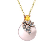 Sitrin, pırlanta ve pembe inci 925 ayar rose altın kaplama gümüş kolye (0.176 karat, 40 cm altın rolo zincir)