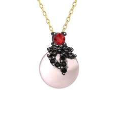 Afra İnci Kolye - Garnet, siyah zirkon ve pembe inci 925 ayar siyah rodyum kaplama gümüş kolye (40 cm altın rolo zincir) #glfoxn