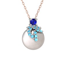 Afra İnci Kolye - Lab safir, akuamarin ve inci 18 ayar beyaz altın kolye (40 cm rose altın rolo zincir) #gozdab