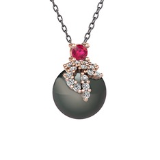 Rodolit garnet, beyaz zirkon ve siyah inci 14 ayar rose altın kolye (40 cm gümüş rolo zincir)