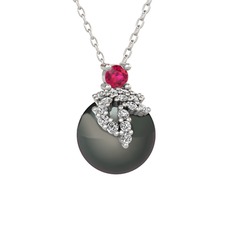 Afra İnci Kolye - Rodolit garnet, beyaz zirkon ve siyah inci 14 ayar beyaz altın kolye (40 cm beyaz altın rolo zincir) #hl7y73