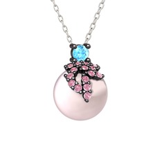 Afra İnci Kolye - Akuamarin, pembe kuvars ve pembe inci 925 ayar siyah rodyum kaplama gümüş kolye (40 cm gümüş rolo zincir) #i20850