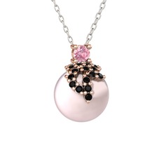 Afra İnci Kolye - Pembe kuvars, siyah zirkon ve pembe inci 18 ayar rose altın kolye (40 cm beyaz altın rolo zincir) #i2d286
