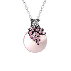 Afra İnci Kolye - Beyaz zirkon, pembe kuvars ve pembe inci 925 ayar siyah rodyum kaplama gümüş kolye (40 cm beyaz altın rolo zincir) #i4ljxp