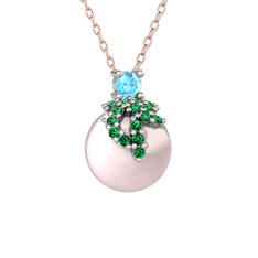 Akuamarin, yeşil kuvars ve pembe inci 18 ayar beyaz altın kolye (40 cm rose altın rolo zincir)