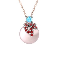 Afra İnci Kolye - Akuamarin, garnet ve pembe inci 18 ayar beyaz altın kolye (40 cm rose altın rolo zincir) #ifz4wj