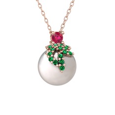 Afra İnci Kolye - Rodolit garnet, yeşil kuvars ve inci 14 ayar rose altın kolye (40 cm gümüş rolo zincir) #igjb3q