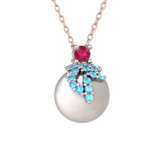 Rodolit garnet, akuamarin ve inci 14 ayar beyaz altın kolye (40 cm rose altın rolo zincir)