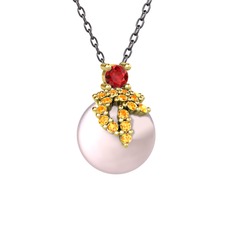 Garnet, sitrin ve pembe inci 14 ayar altın kolye (40 cm gümüş rolo zincir)