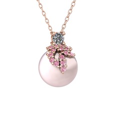 Afra İnci Kolye - Pırlanta, pembe kuvars ve pembe inci 8 ayar rose altın kolye (0.11 karat, 40 cm rose altın rolo zincir) #j63wxh
