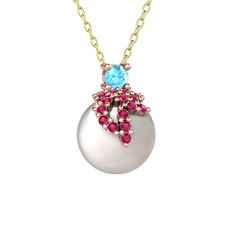 Akuamarin, rodolit garnet ve inci 14 ayar rose altın kolye (40 cm altın rolo zincir)