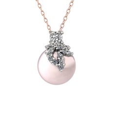 Beyaz zirkon, pırlanta ve pembe inci 14 ayar beyaz altın kolye (0.176 karat, 40 cm rose altın rolo zincir)