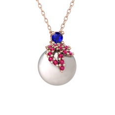 Afra İnci Kolye - Lab safir, rodolit garnet ve inci 18 ayar rose altın kolye (40 cm rose altın rolo zincir) #k7ihbx
