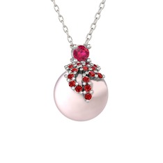 Rodolit garnet, garnet ve pembe inci 8 ayar beyaz altın kolye (40 cm beyaz altın rolo zincir)
