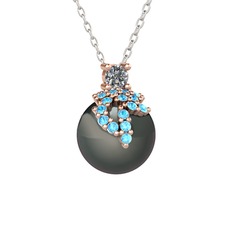 Afra İnci Kolye - Pırlanta, akuamarin ve siyah inci 14 ayar rose altın kolye (0.11 karat, 40 cm gümüş rolo zincir) #kg4lrq