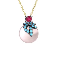 Afra İnci Kolye - Rodolit garnet, akuamarin ve pembe inci 925 ayar siyah rodyum kaplama gümüş kolye (40 cm altın rolo zincir) #kgpv7c