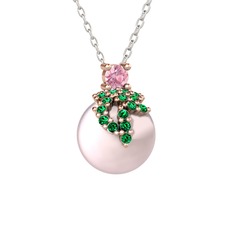 Pembe kuvars, yeşil kuvars ve pembe inci 925 ayar rose altın kaplama gümüş kolye (40 cm beyaz altın rolo zincir)