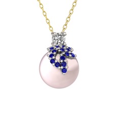 Afra İnci Kolye - Beyaz zirkon, lab safir ve pembe inci 8 ayar beyaz altın kolye (40 cm altın rolo zincir) #lpou96